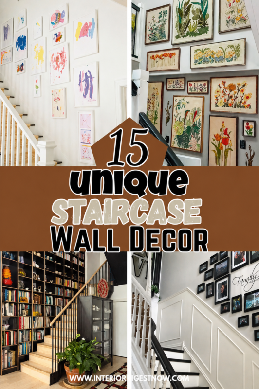 Collage of 15 staircase wall decor ideas featuring gallery walls, botanical art, family photos, molding, and bookshelf styling.