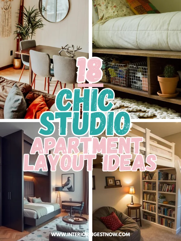 “Collage of chic studio apartment layout ideas featuring loft beds, storage, and multifunctional furniture”