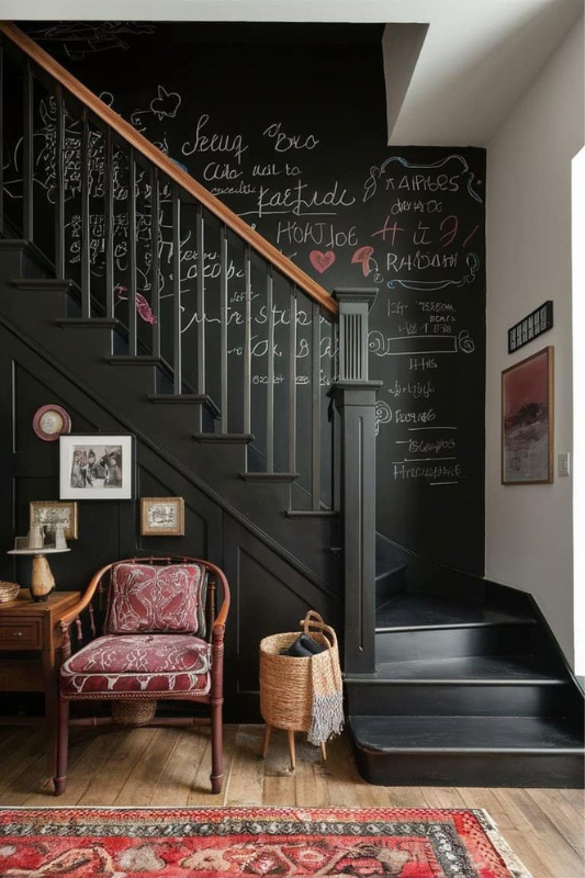 Black chalkboard staircase wall covered with handwritten notes and drawings beside framed family photos