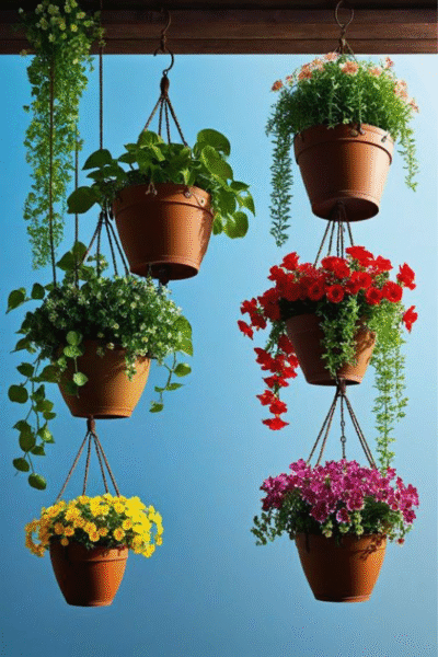 Set of vibrant hanging terracotta planters arranged vertically with trailing flowers including red petunias, yellow pansies, and green vines, displayed against a bright blue sky.
