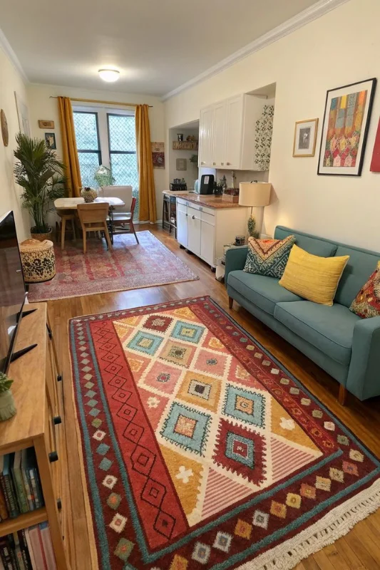 Studio apartment living and dining combo defined by a colorful area rug