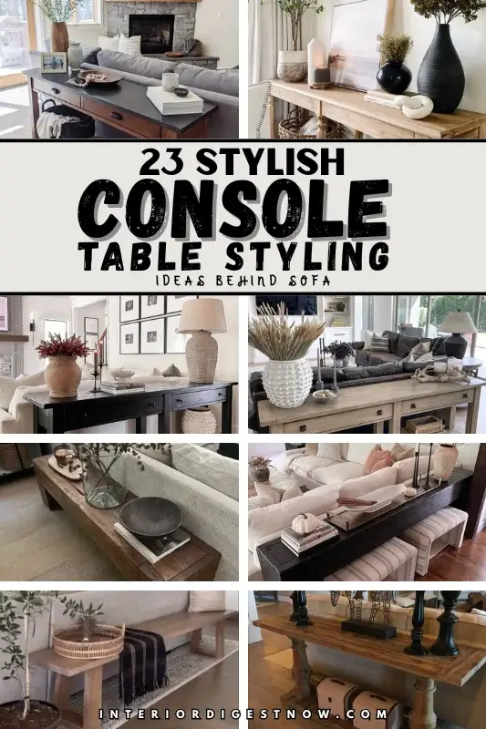 Collage of console table styling ideas behind sofa featuring rustic wood tables, black console tables, baskets, lamps, books, and neutral living room decor