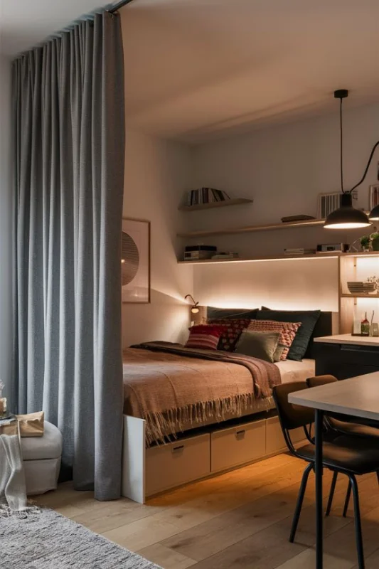 Studio apartment layout with curtain partition creating a private sleeping area
