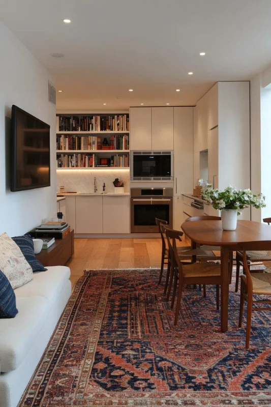 Cozy modern studio apartment with kitchenette, built-in bookshelf, and defined living space