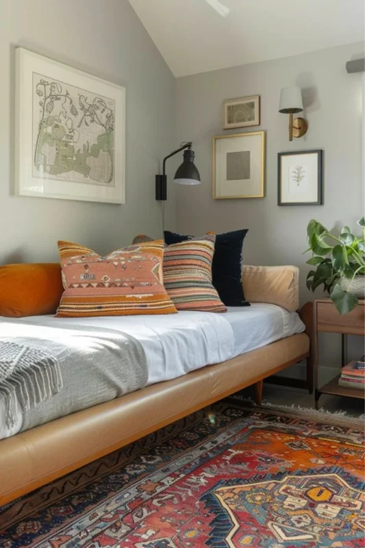 Daybed used as seating, guest bed, and workspace in a small studio apartment