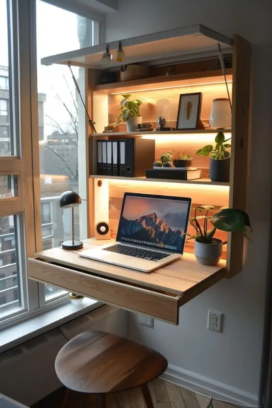 Wall-mounted fold-down desk creating a compact home office in a studio apartment