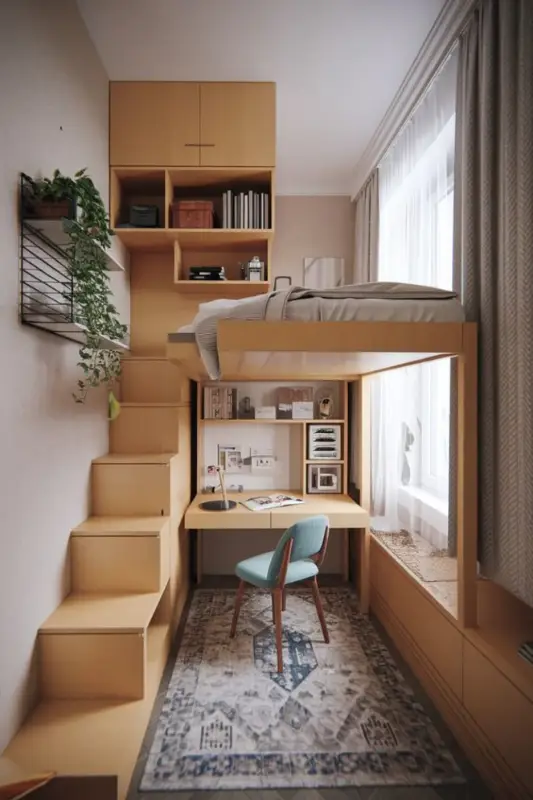 Loft bed with built-in desk and stairs for storage in a compact studio apartment layout maximizing vertical space