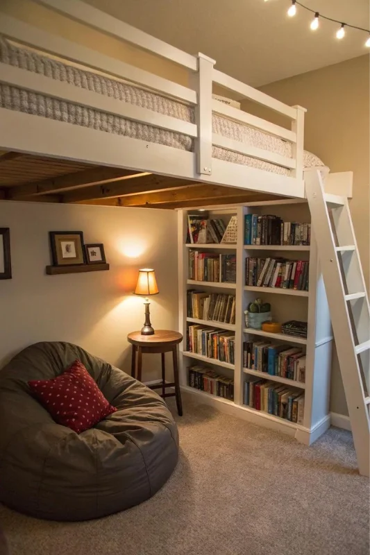 Loft bed in a studio apartment with built-in bookshelf and cozy reading nook underneath