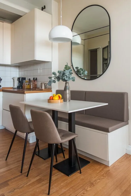Small apartment kitchen corner with banquette seating, café table, and oversized wall mirror