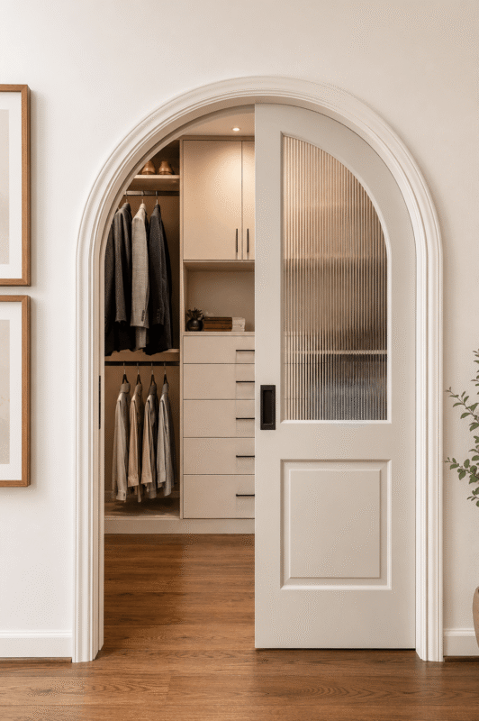 Arched pocket door with ribbed glass opening into a modern walk-in closet