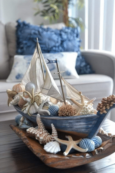 Coastal-themed dough bowl centerpiece featuring a decorative sailboat surrounded by starfish, seashells, coral accents, and nautical elements, styled on a wooden coffee table in a beach-inspired living room with blue throw pillows.