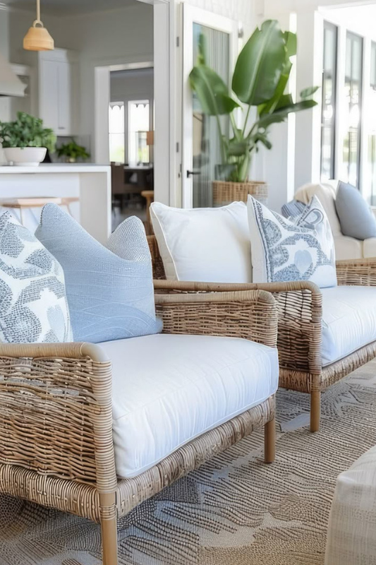 Coastal living room with light wicker accent chairs, white cushions, and soft blue patterned throw pillows styled for summer décor