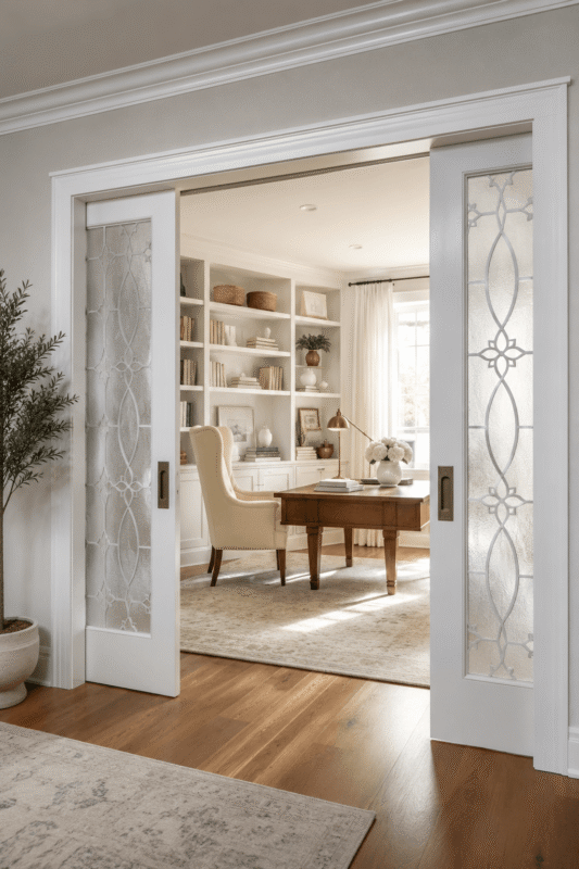 Double glass pocket doors opening into an elegant home office with built-in shelving