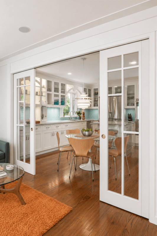 Double glass pocket doors separating a bright kitchen and dining area from a modern living room