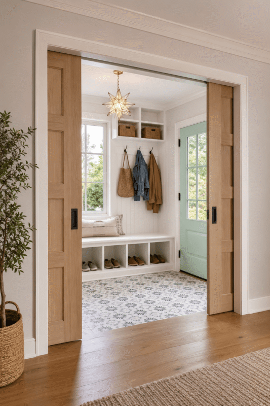 Double wood pocket doors opening into a bright mudroom with built-in shoe storage, wall hooks and a mint green exterior door