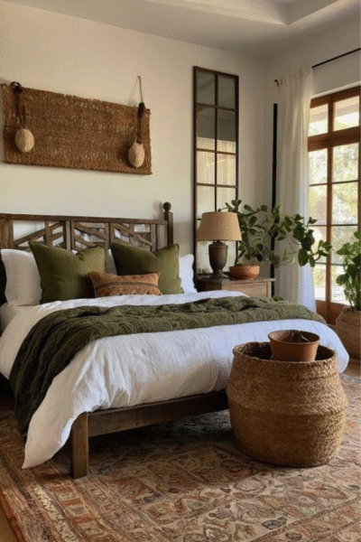Earthy modern bedroom featuring a dark wood bed frame with white bedding, olive green pillows, a textured throw blanket, woven wall decor, large indoor plants, natural light from French doors, and warm neutral tones for a cozy and organic feel.