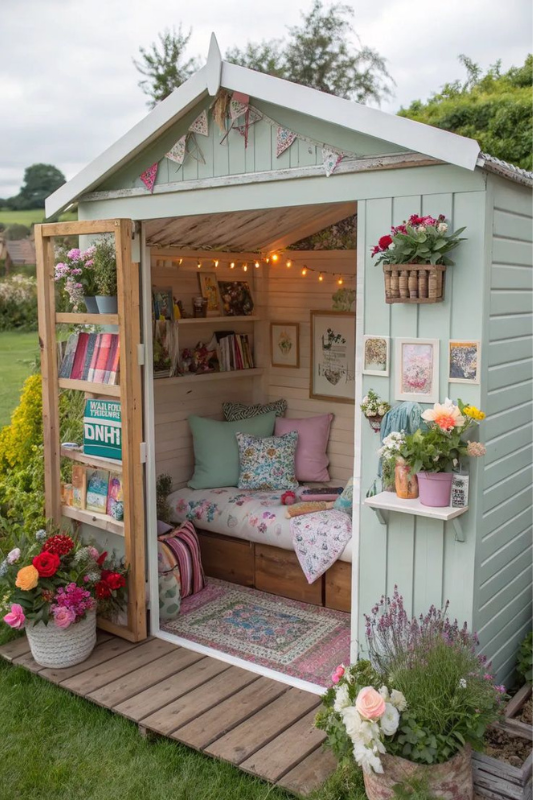 Small mint green she shed decorated with floral cushions, bookshelves, string lights, and garden blooms.