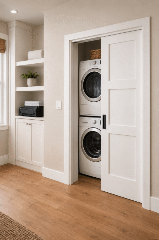 White pocket door partially concealing a stacked washer and dryer in a small laundry closet