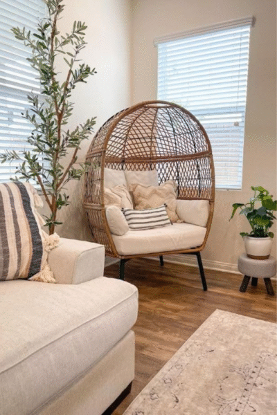 Living room corner with rattan egg chair, neutral cushions, faux olive tree, potted plant, and light-filtering blinds on two windows