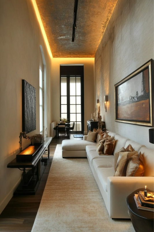 Luxury long narrow living room featuring a white L-shaped sectional sofa, ambient ceiling lighting, tall black-framed windows, dark wood flooring, narrow console table, and textured neutral walls for a sophisticated and dramatic interior design