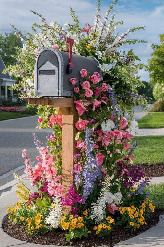 Mailbox surrounded by lush seasonal flowers including petunias, snapdragons, delphiniums, and pansies in a vibrant curbside garden bed.