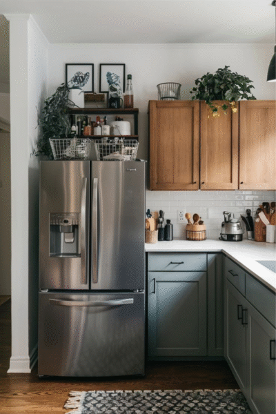 Modern kitchen with above-fridge storage featuring metal baskets, a black open shelf holding mugs and bottles, framed botanical prints, and wood cabinetry for a clean, organized look.