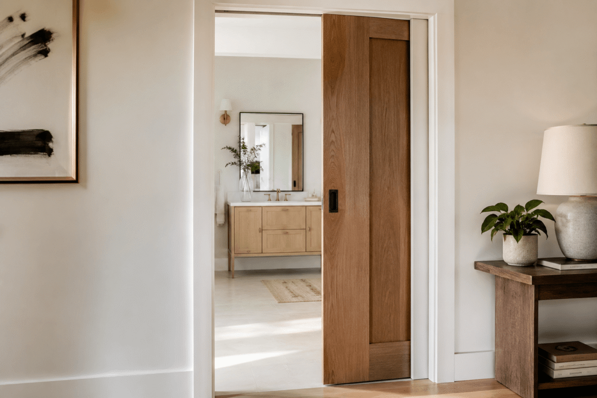 Modern wooden pocket door partially open to a bright bathroom with a natural wood vanity