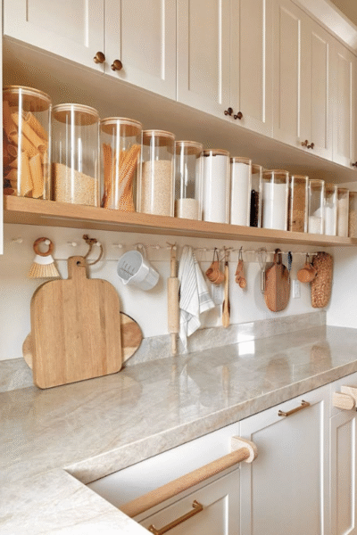 Aesthetic neutral kitchen featuring a row of glass food storage canisters on a floating shelf, with wooden utensils and cutting boards hanging below, creating a clean and organized kitchen workspace with warm minimal style.