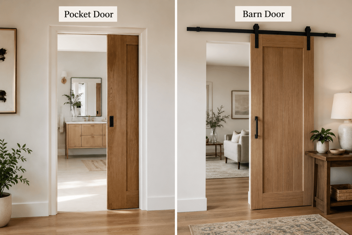 Side-by-side comparison showing a pocket door sliding into the wall and a barn door sliding along an exposed track