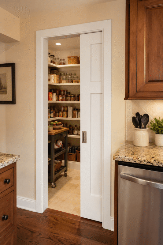 White pocket door partially open to an organised walk-in pantry beside traditional kitchen cabinets