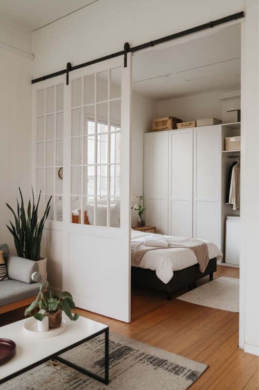 White sliding French doors separating a cozy bedroom from a living area with modern decor and wooden flooring.