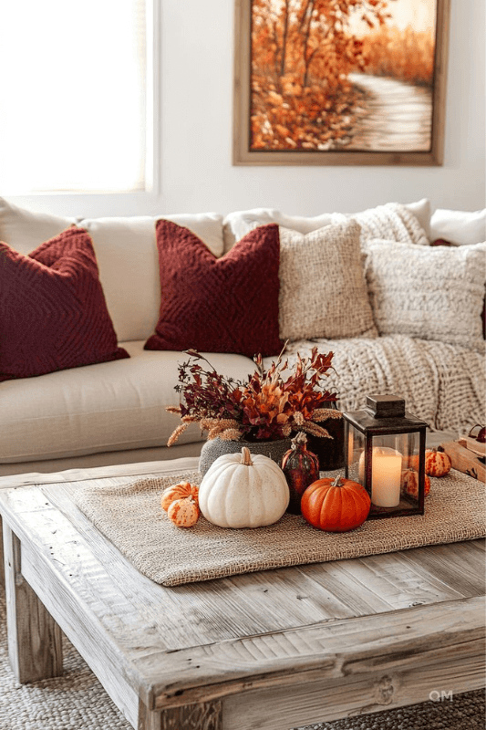 Cozy fall living room with burgundy pillows, pumpkins, autumn florals, lantern candle, and rustic coffee table