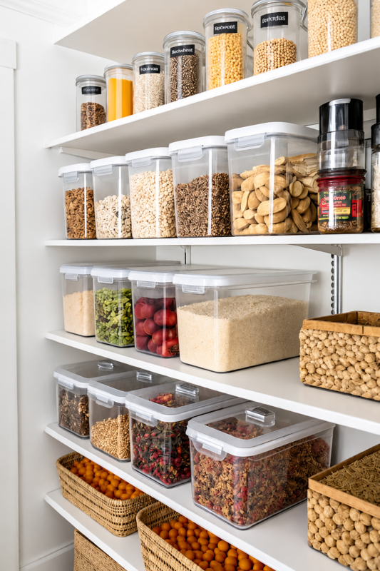 Organized kitchen pantry cabinet with labeled food containers, canned goods and woven storage baskets.