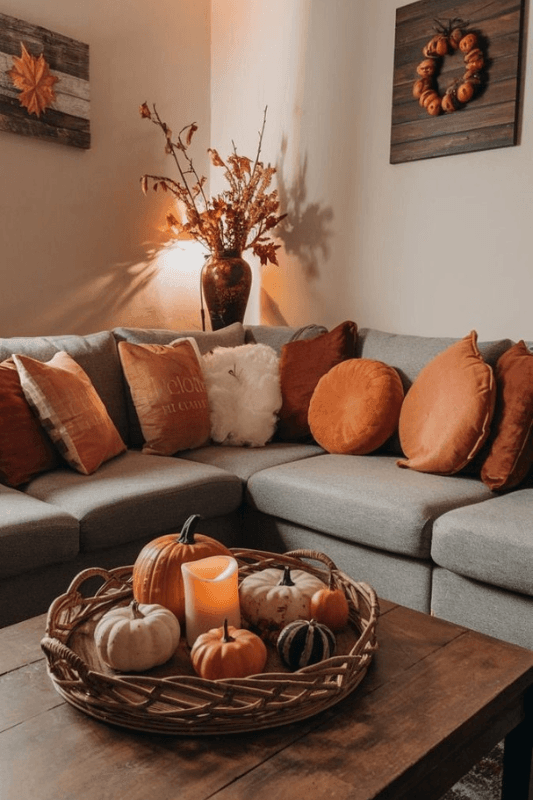 Cozy fall living room decor with orange pillows, pumpkins, autumn branches, and a woven coffee table tray