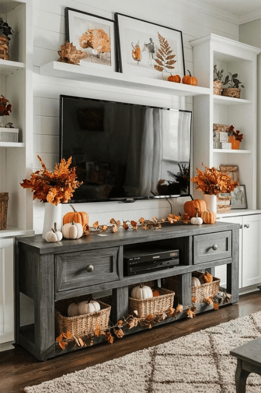 Fall TV console decor with pumpkins, autumn leaves, seasonal artwork, woven baskets, and orange floral arrangements