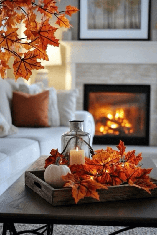 Fall coffee table tray styled with orange maple leaves, a white pumpkin, glass bottle, and candle beside a fireplace
