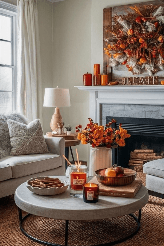 Fall living room with fireplace mantel decor, autumn wreath, seasonal flowers, candles, and a cozy neutral seating area