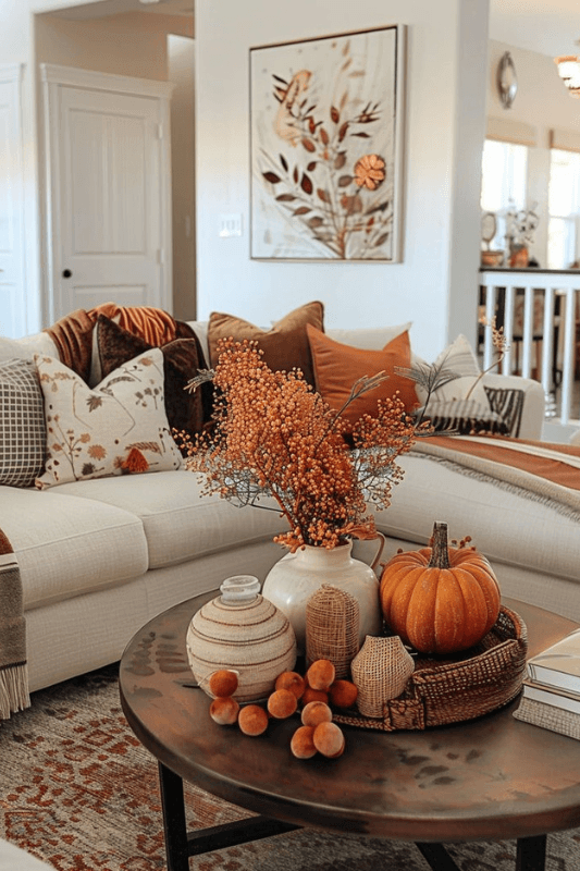 Fall side table decor with amber vase, orange autumn leaves, stacked books, small pumpkin, and cozy orange throw