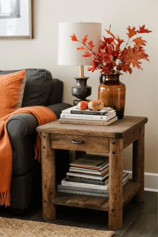 Fall TV console decor with pumpkins, autumn leaves, seasonal artwork, woven baskets, and orange floral arrangements