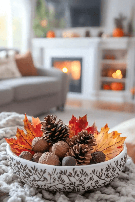 Decorative bowl filled with pinecones, acorns, and autumn leaves for simple natural fall living room decor