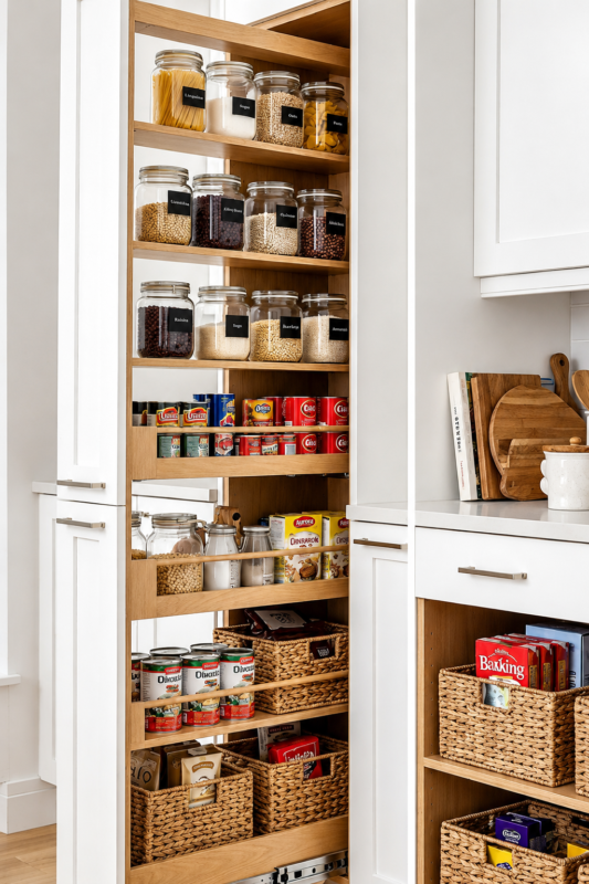 Pull-out pantry drawers organized with clear airtight containers, spices, dry foods and kitchen essentials.