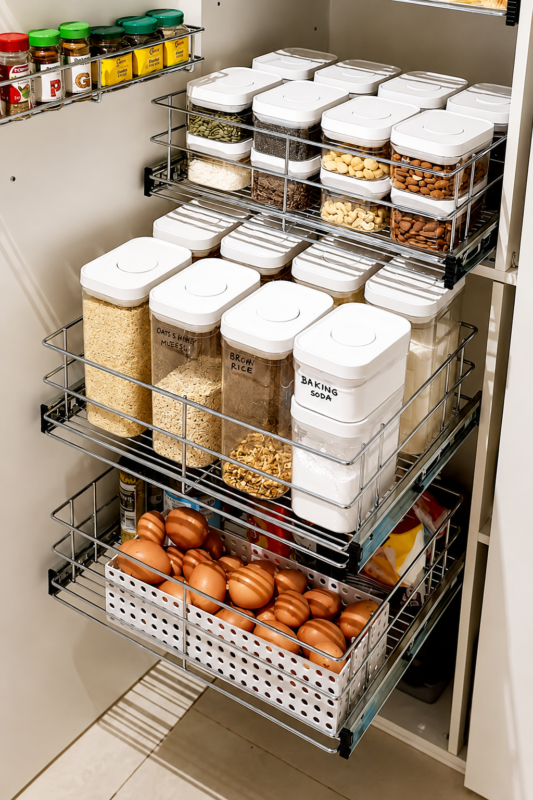 Organized pantry shelves with clear airtight food storage containers, labeled jars and woven baskets.