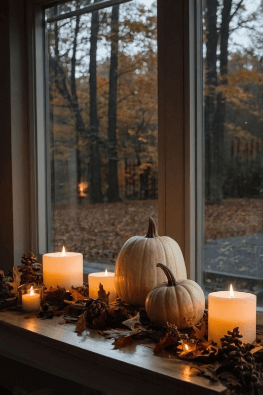 Fall window sill decor with white pumpkins, glowing candles, pinecones, and autumn leaves overlooking fall trees