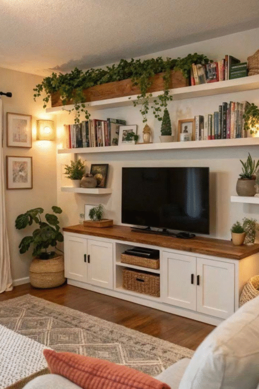 white tv wall with open shelves and indoor plants