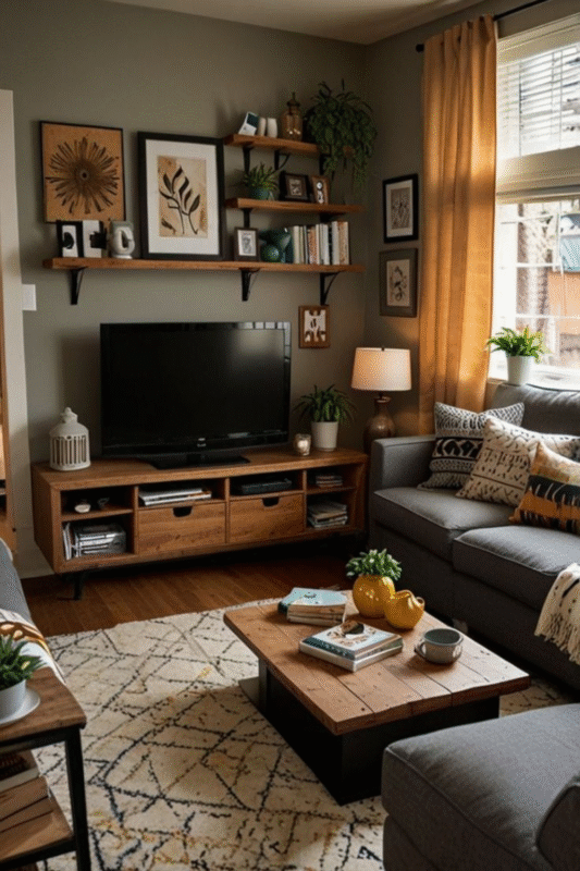 rustic tv wall with open shelving and neutral decor