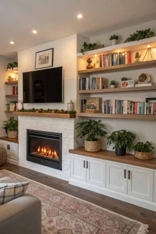 tv wall with fireplace and open shelving decorated with plants