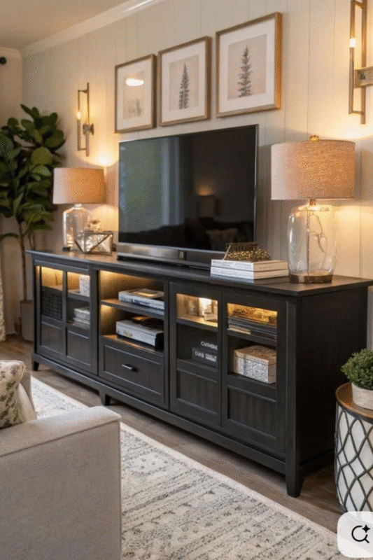 elegant tv wall with black console and built-in accent lighting