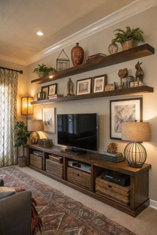 rustic tv wall with wood floating shelves and woven baskets