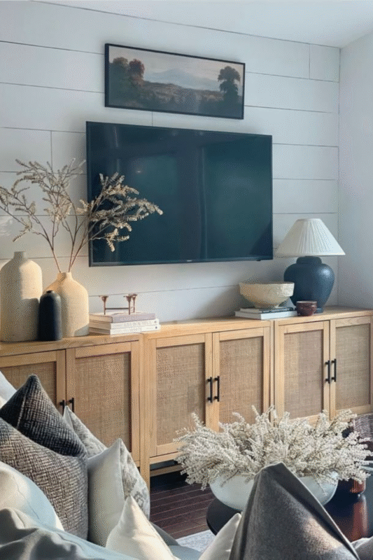 natural wood tv console with large vases and soft neutral decor