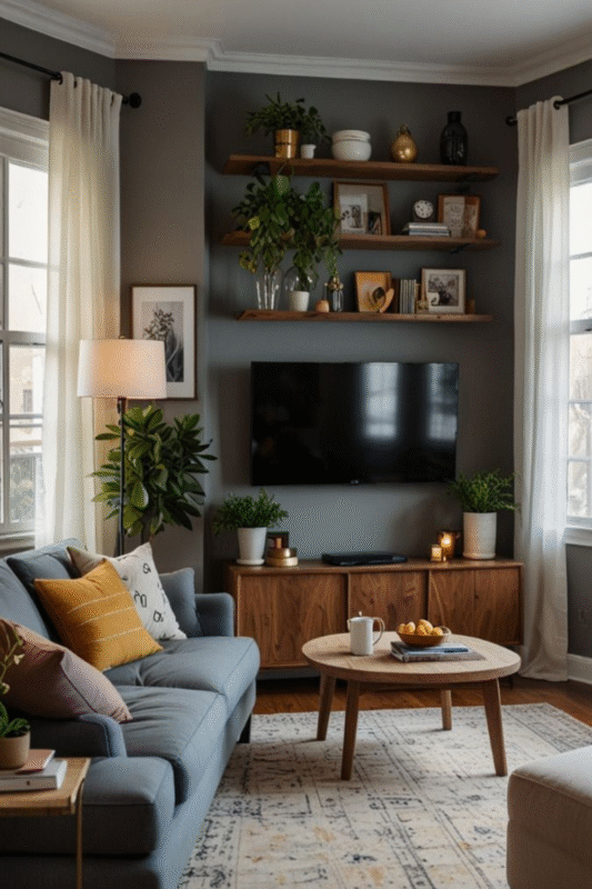 cozy living room tv wall with plants and wooden shelves